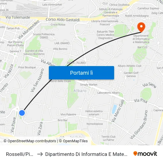 Rosselli/Piave to Dipartimento Di Informatica E Matematica map