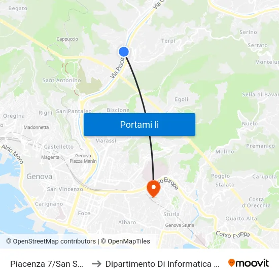 Piacenza 7/San Sebastiano to Dipartimento Di Informatica E Matematica map
