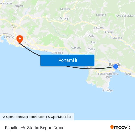 Rapallo to Stadio Beppe Croce map