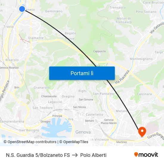 N.S. Guardia 5/Bolzaneto FS to Polo Alberti map