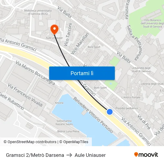 Gramsci 2/Metrò Darsena to Aule Uniauser map