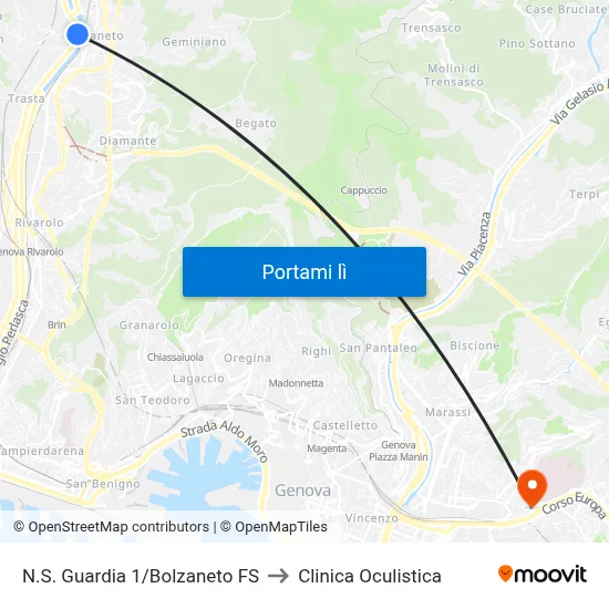 N.S. Guardia 1/Bolzaneto FS to Clinica Oculistica map