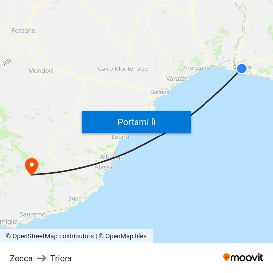 Zecca to Triora map