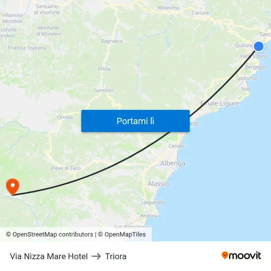 Via Nizza Mare Hotel to Triora map