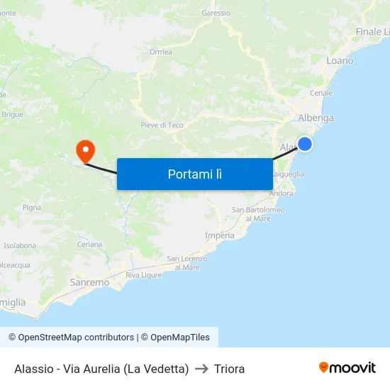 Alassio - Via Aurelia (La Vedetta) to Triora map