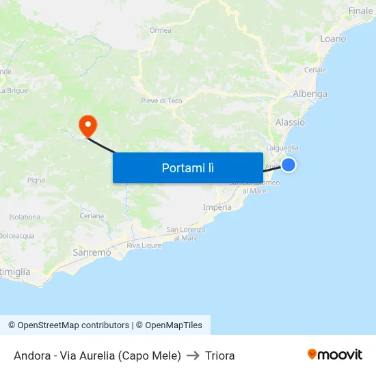 Andora - Via Aurelia (Capo Mele) to Triora map