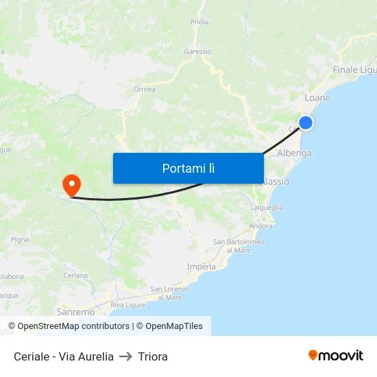 Ceriale - Via Aurelia to Triora map