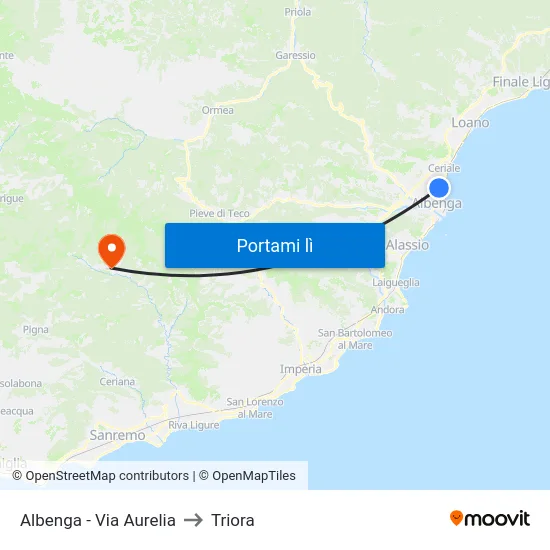 Albenga - Via Aurelia to Triora map