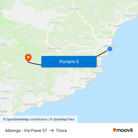 Albenga - Via Piave 57 to Triora map