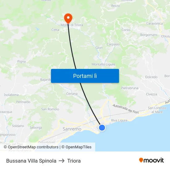 Bussana Villa Spinola to Triora map