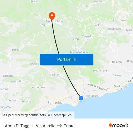 Arma Di Taggia - Via Aurelia to Triora map