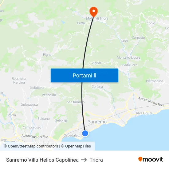 Sanremo Villa Helios Capolinea to Triora map