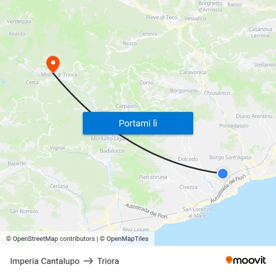 Imperia Cantalupo to Triora map