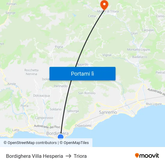 Bordighera Villa Hesperia to Triora map