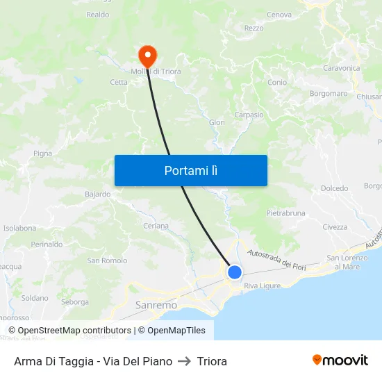 Arma Di Taggia - Via Del Piano to Triora map