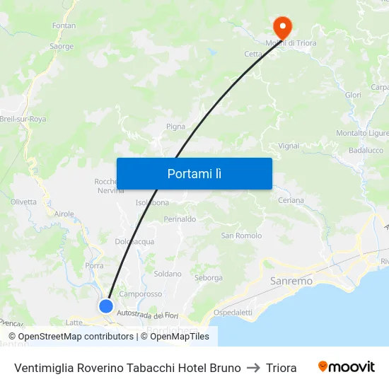 Ventimiglia Roverino Tabacchi Hotel Bruno to Triora map