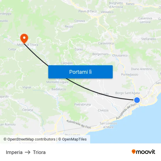 Imperia to Triora map