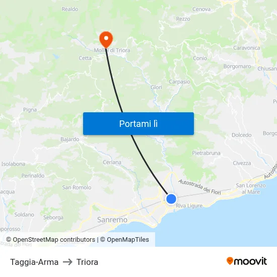 Taggia-Arma to Triora map