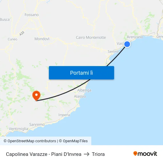 Capolinea Varazze - Piani D'Invrea to Triora map
