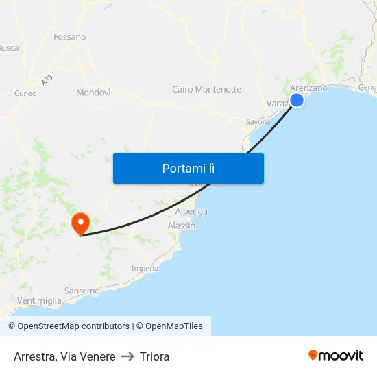 Arrestra, Via Venere to Triora map