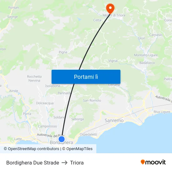 Bordighera Due Strade to Triora map