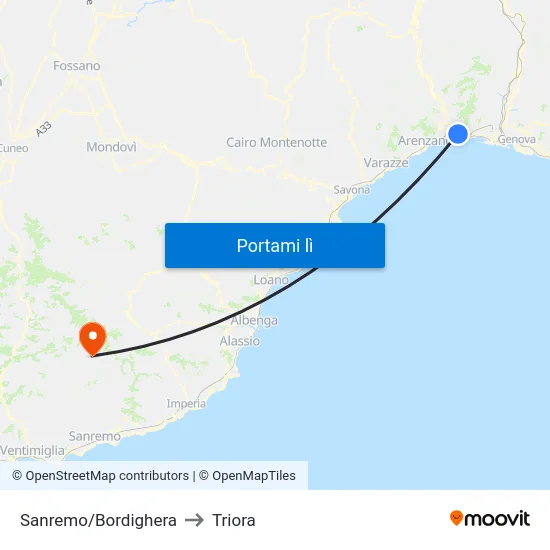 Sanremo/Bordighera to Triora map