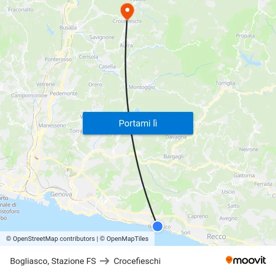 Bogliasco, Stazione FS to Crocefieschi map