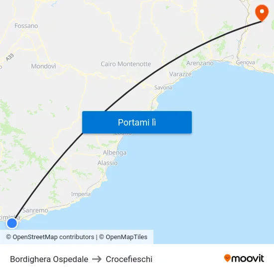 Bordighera Ospedale to Crocefieschi map