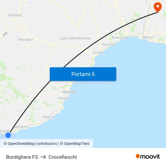 Bordighera FS to Crocefieschi map