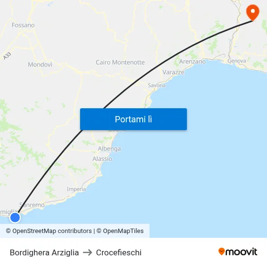 Bordighera Arziglia to Crocefieschi map