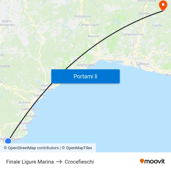 Finale Ligure Marina to Crocefieschi map