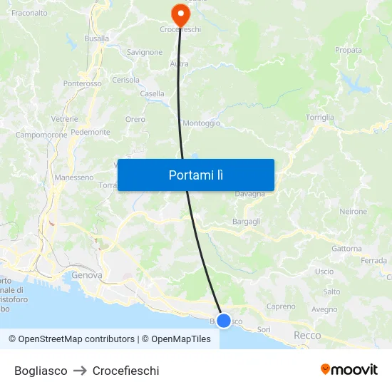 Bogliasco to Crocefieschi map