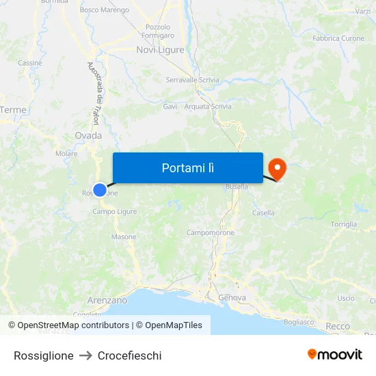 Rossiglione to Crocefieschi map