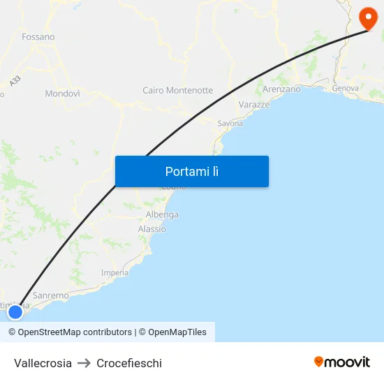 Vallecrosia to Crocefieschi map
