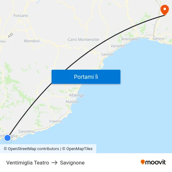 Ventimiglia Teatro to Savignone map