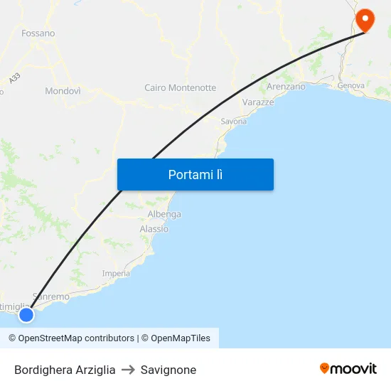 Bordighera Arziglia to Savignone map