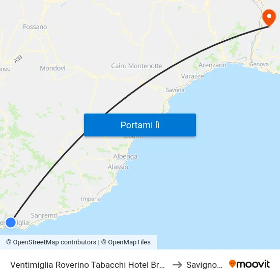 Ventimiglia Roverino Tabacchi Hotel Bruno to Savignone map