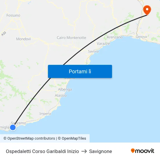 Ospedaletti Corso Garibaldi Inizio to Savignone map