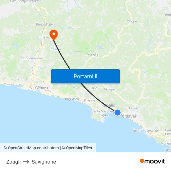 Zoagli to Savignone map