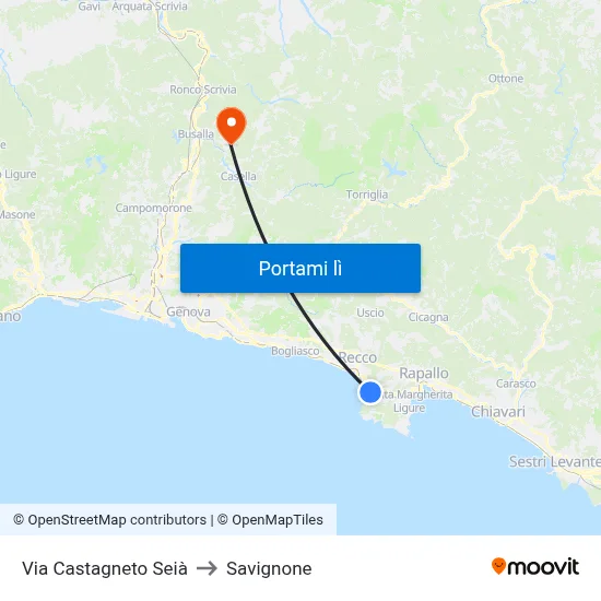 Via Castagneto Seià to Savignone map
