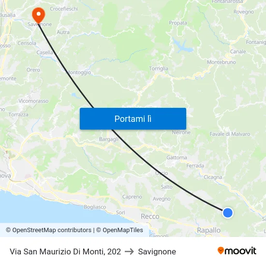 Via San Maurizio Di Monti, 202 to Savignone map