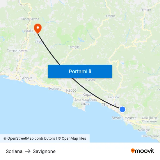 Sorlana to Savignone map