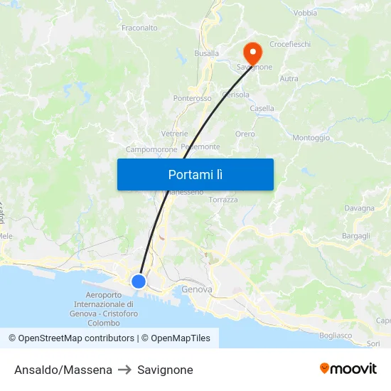 Ansaldo/Massena to Savignone map