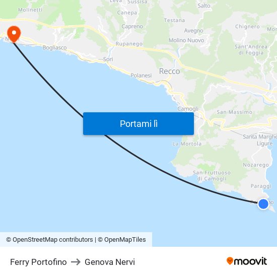 Ferry Portofino to Genova Nervi map
