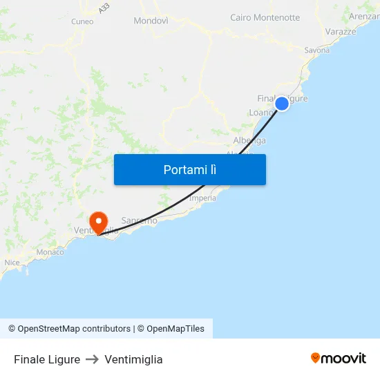 Finale Ligure to Ventimiglia map