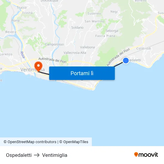 Ospedaletti to Ventimiglia map
