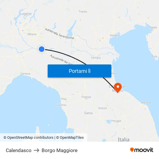 Calendasco to Borgo Maggiore map