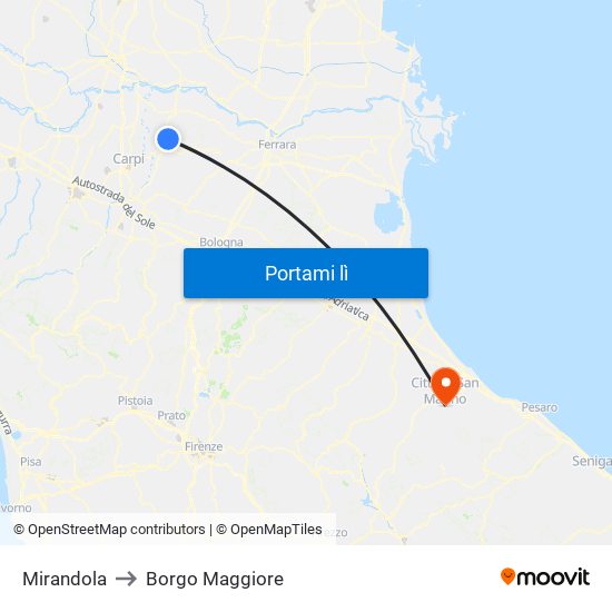 Mirandola to Borgo Maggiore map