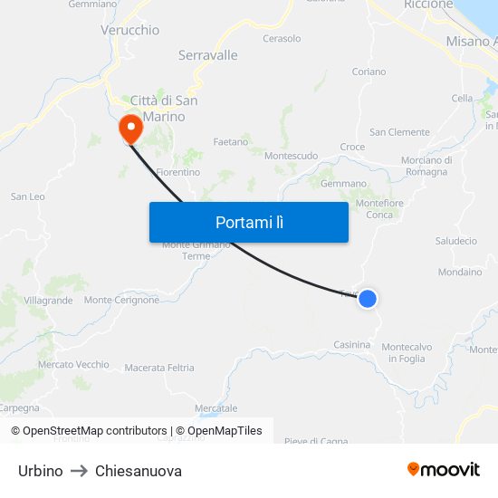 Urbino to Chiesanuova map