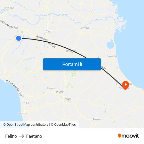 Felino to Faetano map